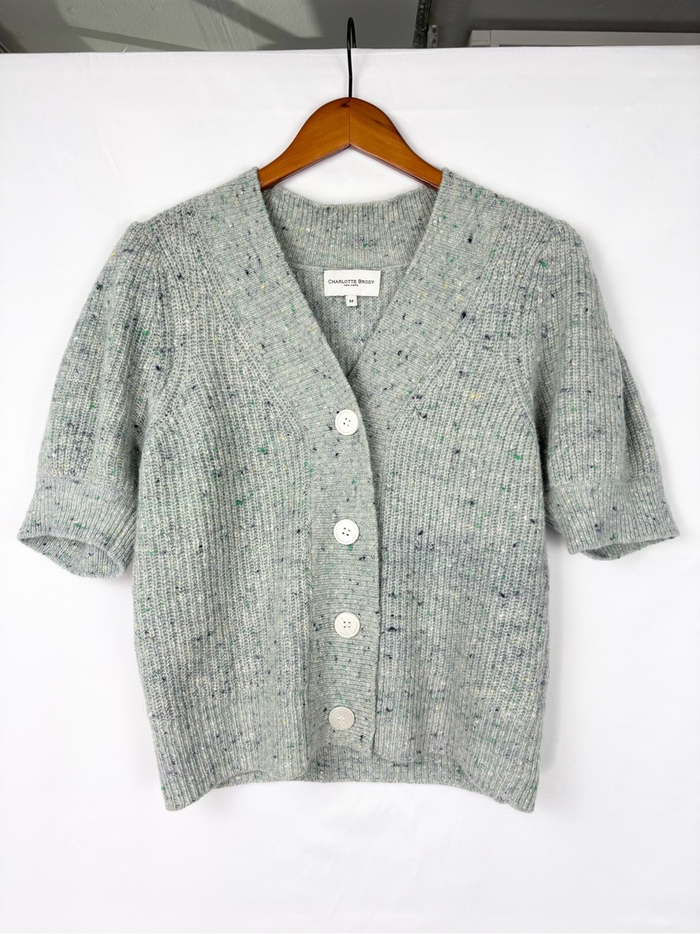 Charlotte Brody Cleo Lambswool Cashmere Cardigan Short Sleeve Knit Size M Green